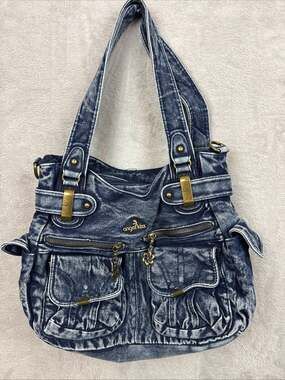 Angel Kiss Distressed Denim Shoulder Bag Purse Pockets Zip Boho Hippie Cute Logo